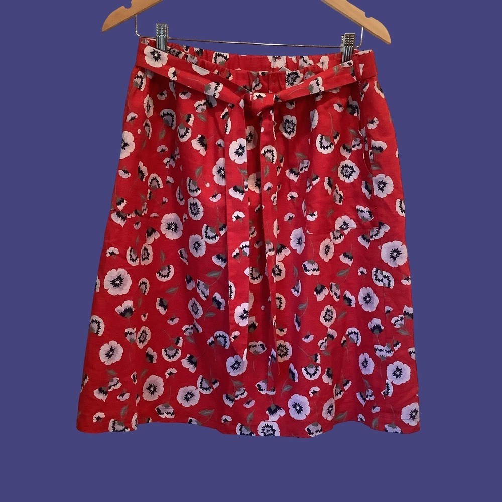 J Crew Linen Cotton Skirt Women's M Tie Belt Fun Red Poppies Lightweight Spring